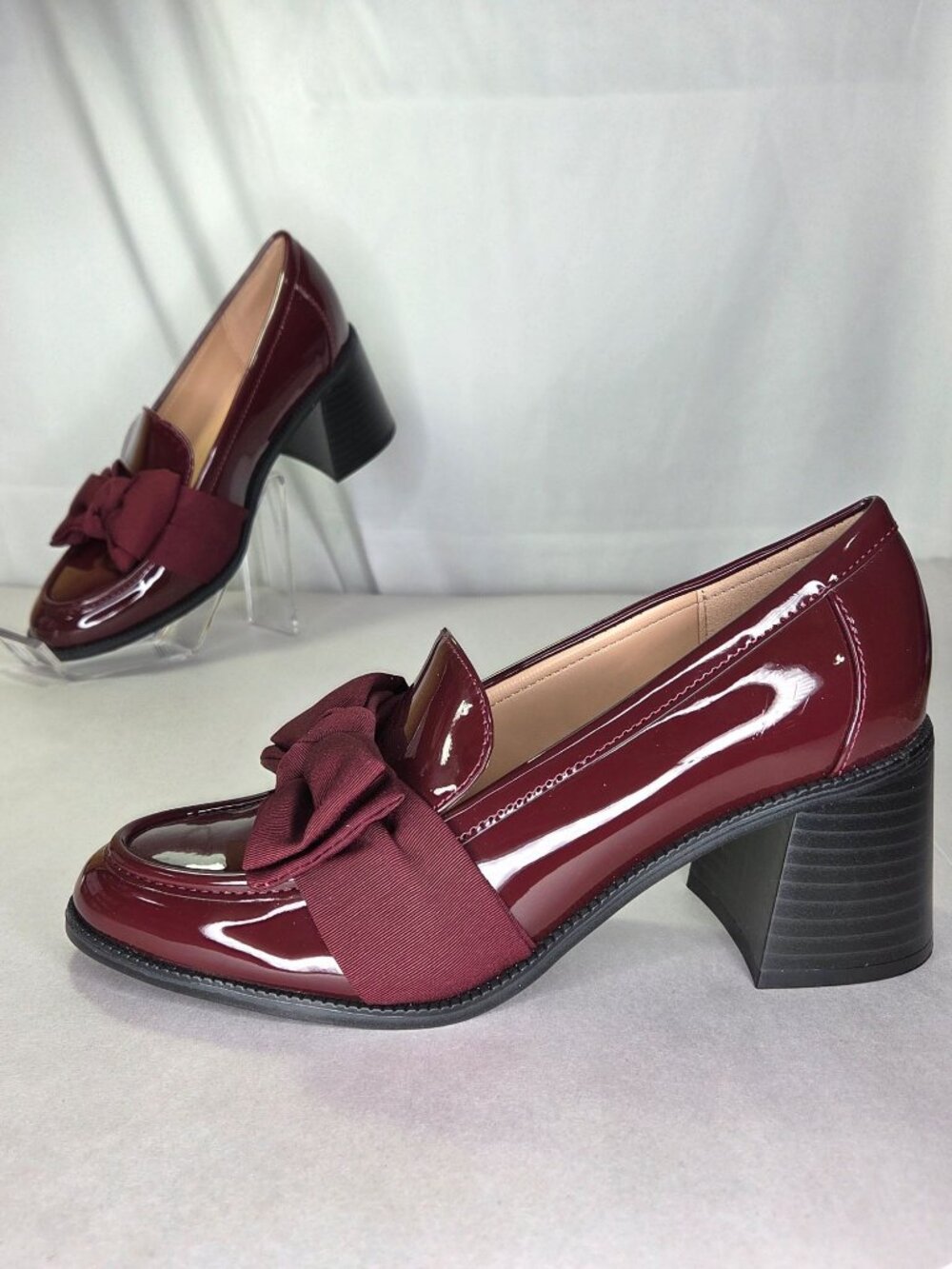 Bandolino Korrar Bow Stacked Block Heel Loafers Dark Red Patent : 7 M